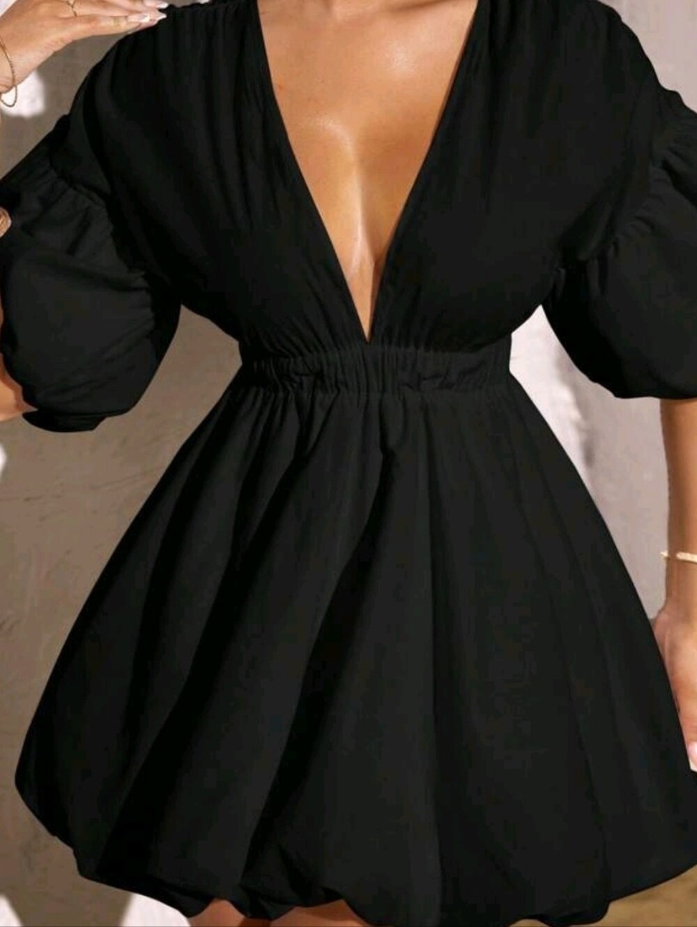 Women's Black Puff-Sleeve Mini Dress with Cinch Waist